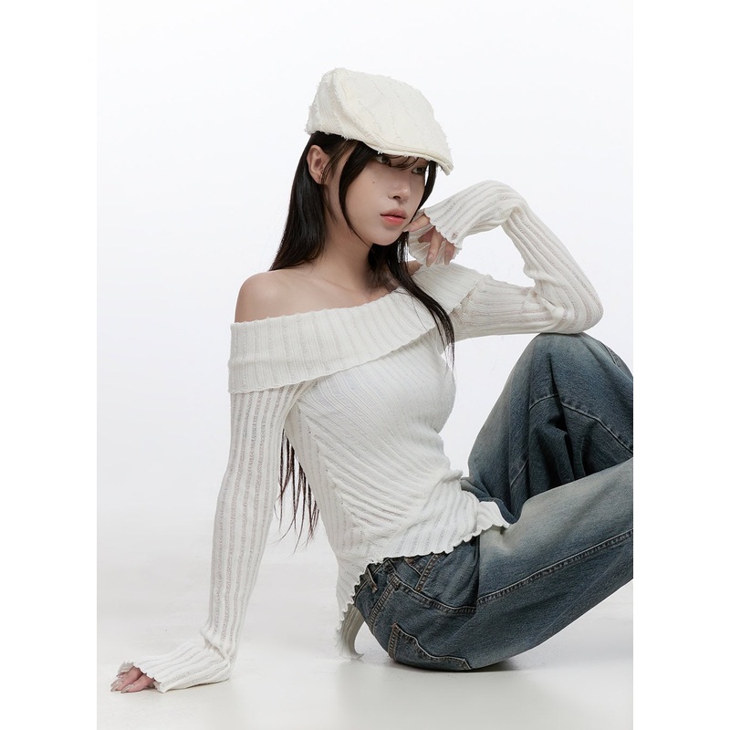 Unbalanced Long-Sleeve Off Shoulder Top CO418