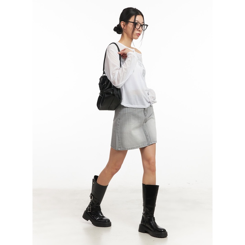 Washed Denim Mini Skirt CM503|Light gray|Light blue|S|M|L|1XL|2XL|3XL