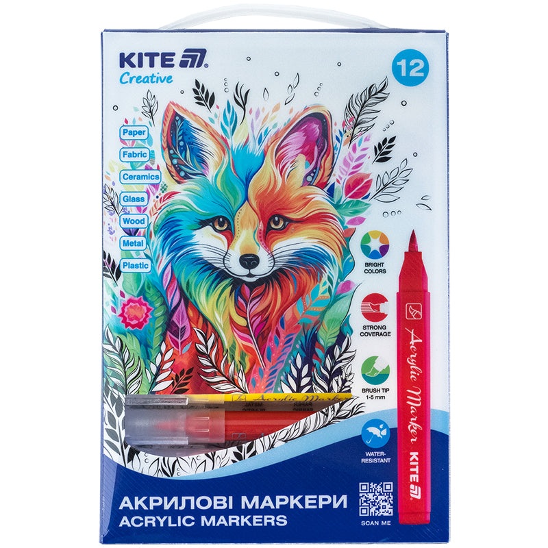 Acrylic brush markers Kite Creative K-1159, 12 colors