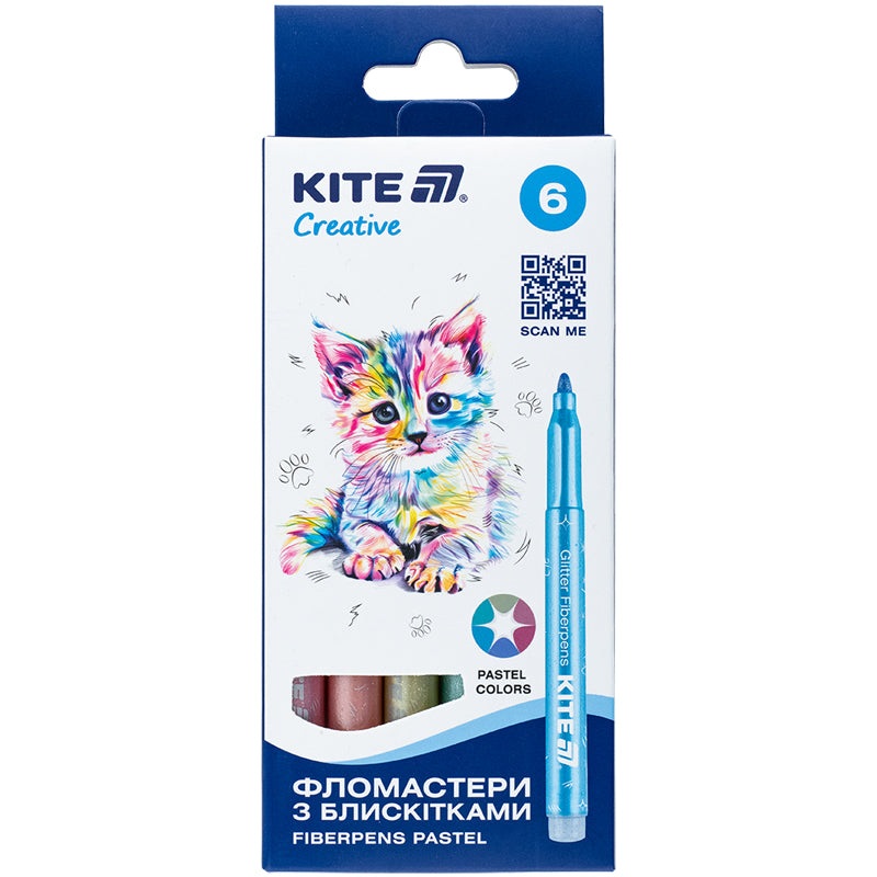Glitter markers Kite Creative K-1148, pastel, 6pcs