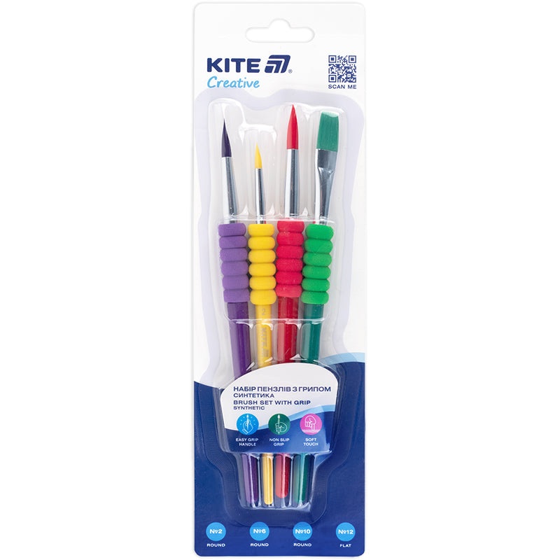 Set of 4 brushes with grip Kite Creative K-334-1 (synthetic, round 2, 6, 10, flat 12)