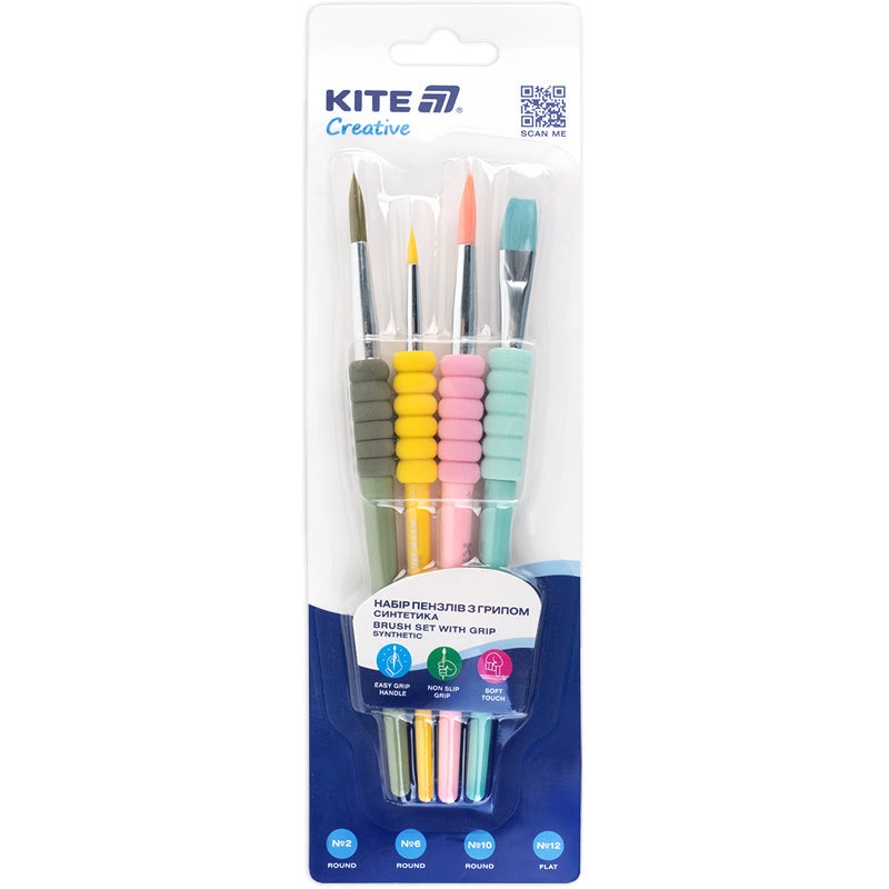 Set of 4 brushes with grip Kite Creative K-334-2 (synthetics round 2, 6, 10, flat 12)