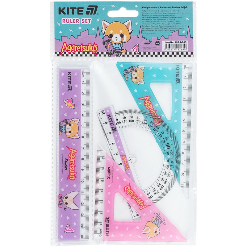 Set: ruler 15 cm, 2 triangle, protractor with printing Kite Aggretsuko AR25-282