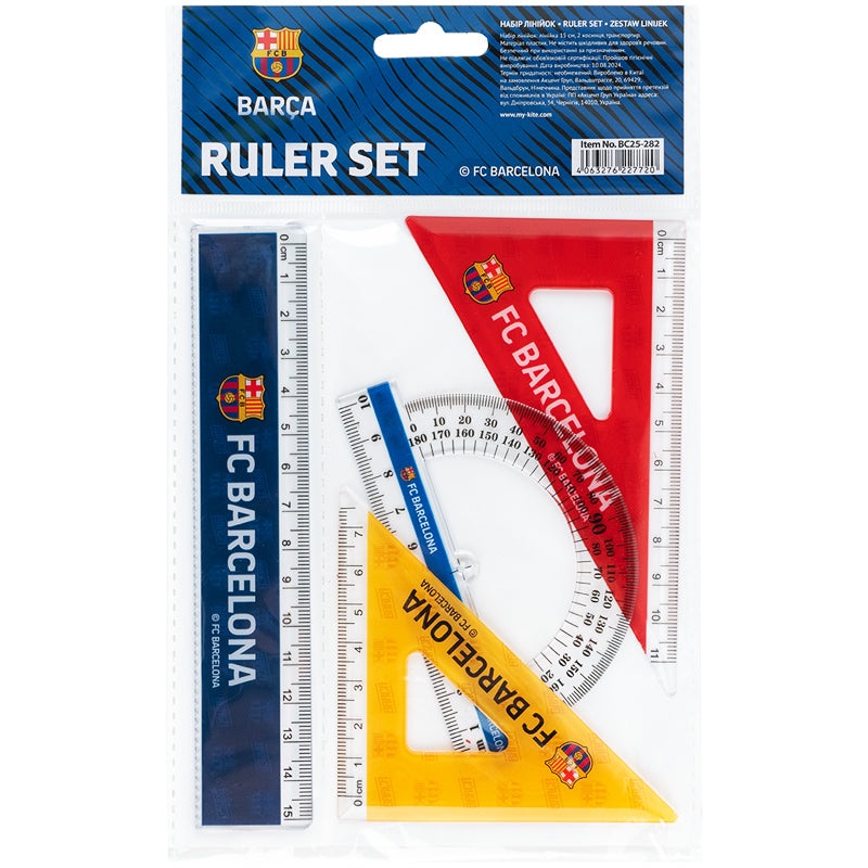 Set: ruler 15 cm, 2 triangle, protractor with printing Kite FC Barcelona BC25-282