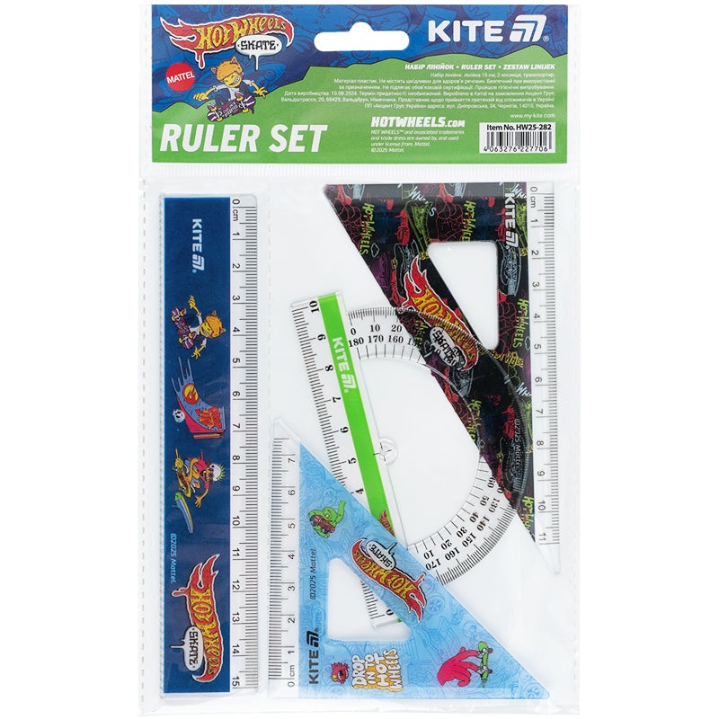 Set: ruler 15 cm, 2 triangle, protractor with printing Kite Hot Wheels HW25-282