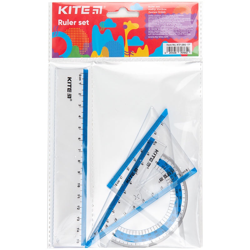 Set ruler 15 cm, 2 triangle rulers, protractor (blue stripe) K17-280-07