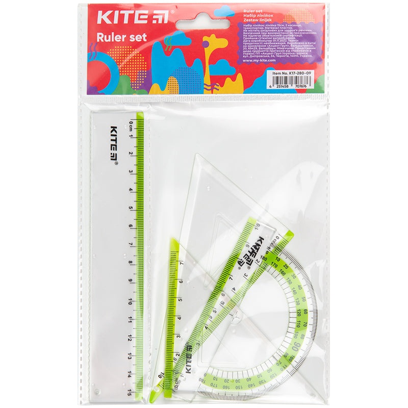 Set ruler 15 cm, 2 triangle rulers, protractor (light green stripe) K17-280-09