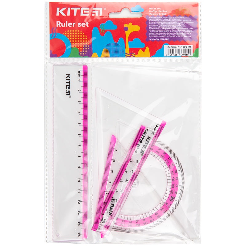 Set ruler 15 cm, 2 triangle rulers, protractor (pink stripe) K17-280-10
