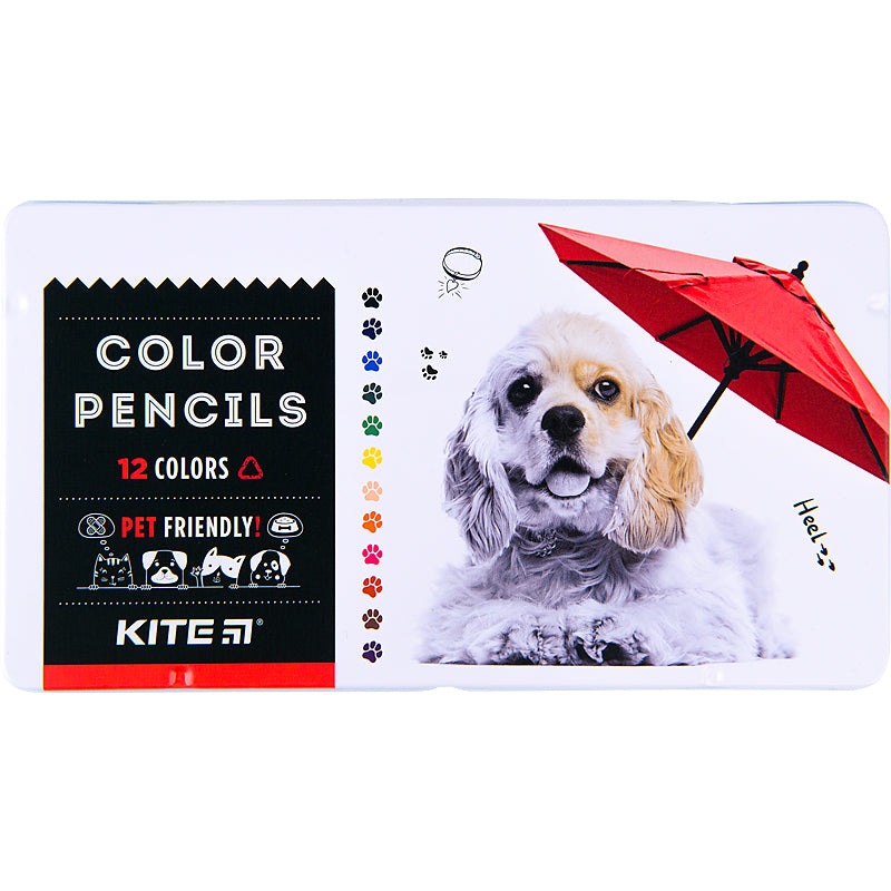 Trigonal colored pencils Kite Dogs K22-058-1, 12 colors, metal pencil case