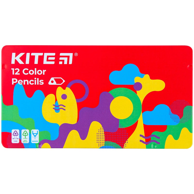 Color pencils triangular Kite Fantasy K22-058-2, 12 colors, metal pencil case