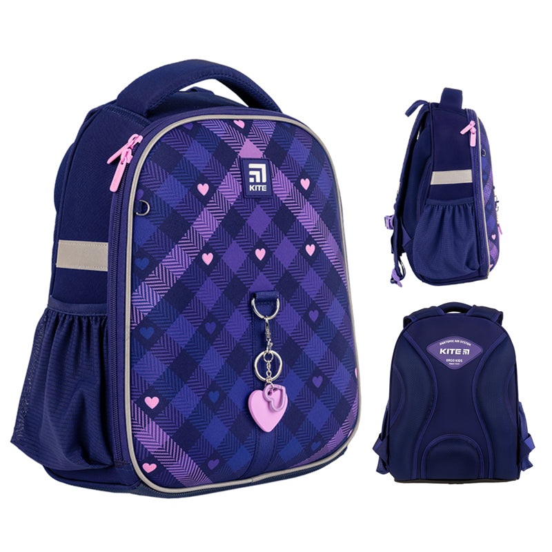 Hard-shaped school backpack Kite Education Check and Hearts K24-555S-1