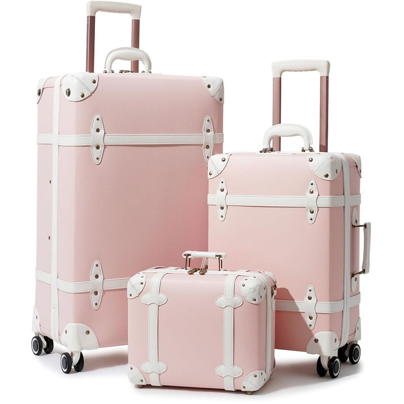 28 Inch Pink Vintage Suitcase Set Women Cute Designer Trunk Luggage Sets – 3 Piece Luggage Bag and PU Leather Suitcase Set price
